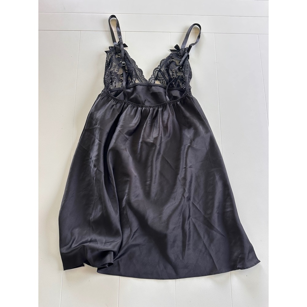 Victorias Secret Black Satin Lace Slip Dress Chemise Nightie Size Medium